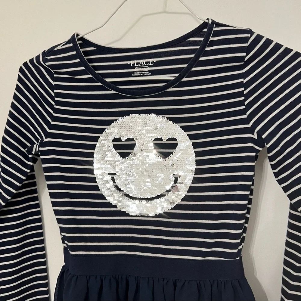 Girls Flip Sequin Dress Smiley Face Blue White Stripe The Childrens Place 7/8 M